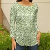 Lily | Olive & White Leaf Boatneck Three-Quarter Sleeve Top - Women