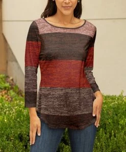 Lily | Red & Brown Stripe Boatneck Three-Quarter Sleeve Top - Plus
