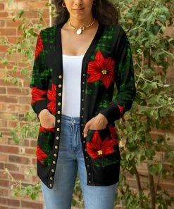 Lily | Green & Red Poinsettia Pocket Snap-Up Cardigan - Plus