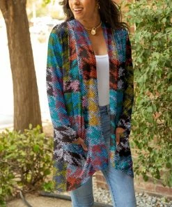 Lily | Blue & Pink Houndstooth Pocket Open Cardigan - Plus