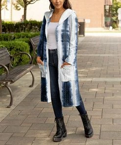 Lily | Navy & White Tie-Dye Cable Knit Hooded Duster - Women & Plus