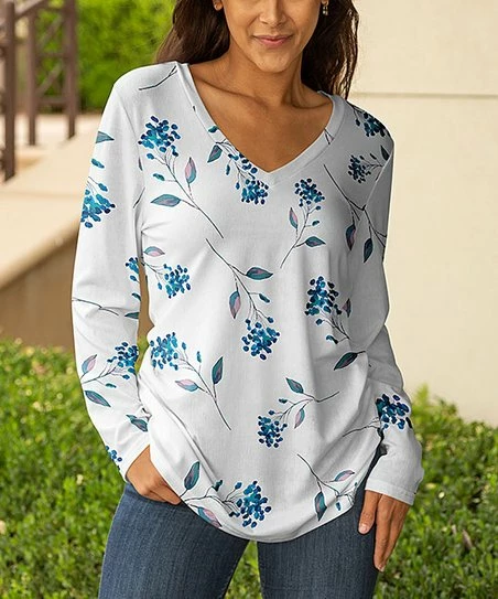 Lily | White & Blue Floral V-Neck Long-Sleeve Tunic - Plus 1 Lily | White & Blue Floral V-Neck Long-Sleeve Tunic - Plus