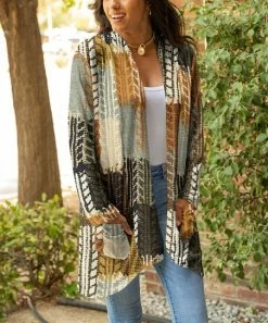 Lily | Beige & Gray Abstract Pocket Open Cardigan - Women