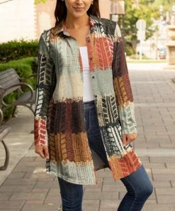 Lily | Rust & Gray Abstract Collared Button-Up Shacket - Women & Plus