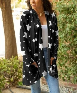 Lily | Black & White Stars Pocket Open Cardigan - Women
