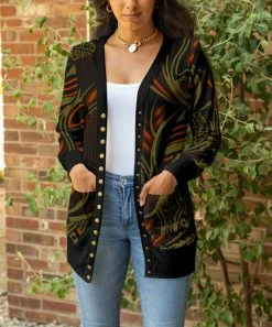 Lily | Black & Olive Abstract Pocket Snap-Button Cardigan - Women & Plus