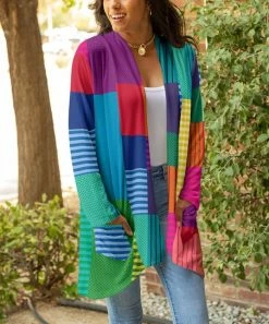 Lily | Green & Pink Patchwork Pocket Open Cardigan - Plus