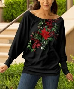 Lily | Black & Green Floral Bishop-Sleeve Boatneck Sweater - Women