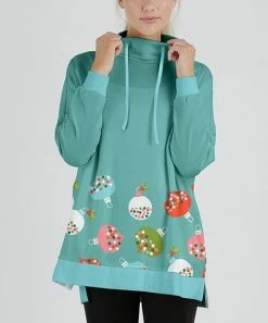 Lily | Turquoise & Aqua Ornament Drawstring Funnel-Neck Tunic - Plus