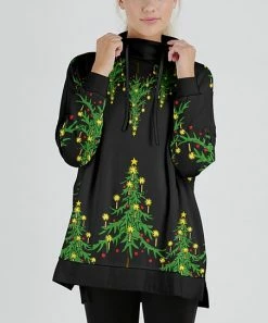 Lily | Black & Green Holiday Tree Drawstring Funnel-Neck Tunic - Plus