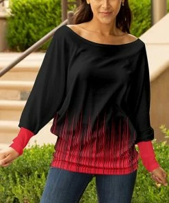 Lily | Black & Pink Ombré Bishop-Sleeve Boatneck Sweater - Plus