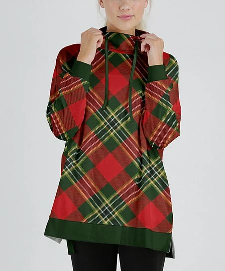 Lily | Red & Green Plaid Drawstring Funnel-Neck Tunic - Women 1 Lily | Red & Green Plaid Drawstring Funnel-Neck Tunic - Women