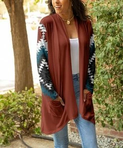 Lily | Rust & Teal Geometric Pocket Open Cardigan - Women & Plus