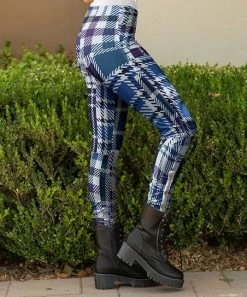 Lily | White & Blue Plaid Side-Button Leggings - Women