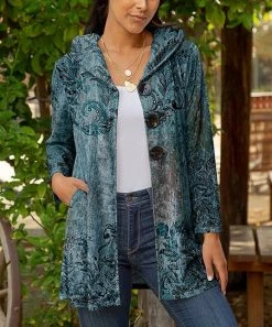 Lily | Teal & Black Foliage Velvet Pocket Button-Up Hoodie - Women & Plus