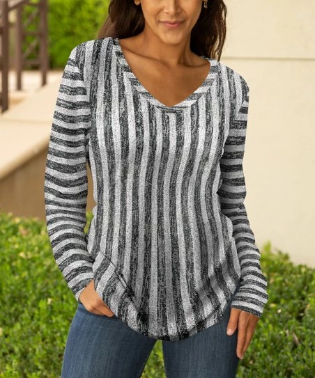 Lily | Light Gray Stripe V-Neck Long-Sleeve Tunic - Women & Plus 1 Lily | Light Gray Stripe V-Neck Long-Sleeve Tunic - Women & Plus