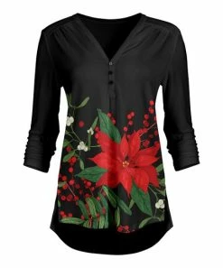 Lily | Black & Red Floral Button-Accent V-Neck Tunic - Women