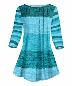 Lily | Aqua & Teal Stripe Pleated Flare Three-Quarter Sleeve Tunic - Women