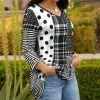 Lily | Black & White Polka Dot Plaid Long Sleeve V-Neck Tunic - Plus