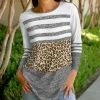 Lily | White & Gray Stripe Leopard Crewneck Long-Sleeve Tunic - Plus