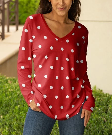 Lily | Red & White Polka Dot V-Neck Tunic - Women 1 Lily | Red & White Polka Dot V-Neck Tunic - Women