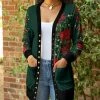 Lily | Green & Red Poinsettia Pocket Snap-Up Cardigan - Women