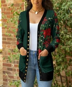 Lily | Green & Red Poinsettia Pocket Snap-Up Cardigan - Women