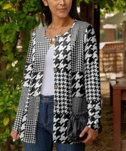 Lily | Black & White Houndstooth Button-Up Cardigan - Plus
