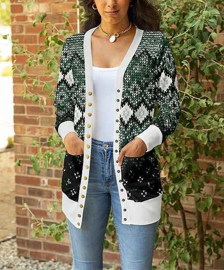 Lily | Black & Green Diamond Snap-Front Cardigan - Plus 1 Lily | Black & Green Diamond Snap-Front Cardigan - Plus
