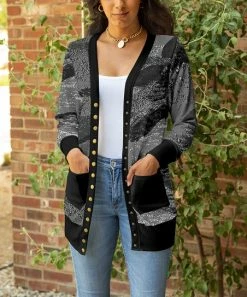 Lily | Gray & Black Abstract Pocket Snap-Button Cardigan - Plus
