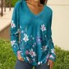 Lily | Blue & White Floral Long-Sleeve V-Neck Tunic - Plus