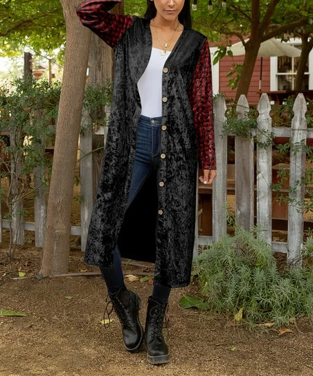 Lily | Black & Red Plaid Velvet Duster - Women 1 Lily | Black & Red Plaid Velvet Duster - Women