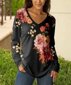 Lily | Black & Red Floral Long-Sleeve V-Neck Tunic - Women
