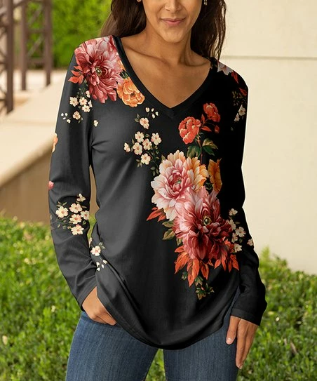 Lily | Black & Red Floral Long-Sleeve V-Neck Tunic - Women 1 Lily | Black & Red Floral Long-Sleeve V-Neck Tunic - Women