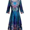 Lily | Blue & Aqua Floral Boatneck Three-Quarter Sleeve Dress - Women & Plus