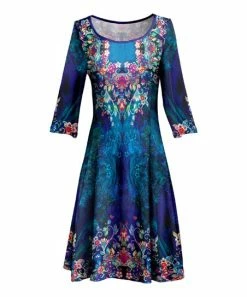 Lily | Blue & Aqua Floral Boatneck Three-Quarter Sleeve Dress - Women & Plus