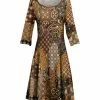 Lily | Brown & Goldtone Patchwork Boatneck Three-Quarter Sleeve Dress - Plus