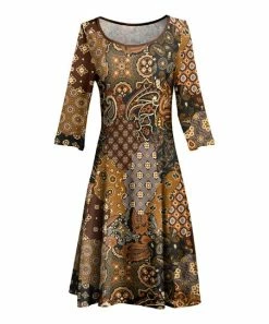 Lily | Brown & Goldtone Patchwork Boatneck Three-Quarter Sleeve Dress - Plus