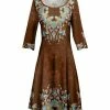 Lily | Brown & Blue Floral Boatneck Three-Quarter Sleeve Dress - Plus