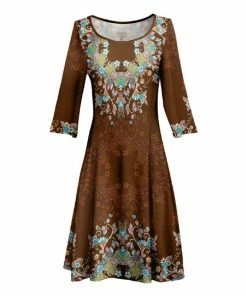 Lily | Brown & Blue Floral Boatneck Three-Quarter Sleeve Dress - Plus