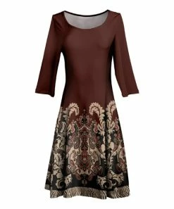 Lily | Brown & Black Damask Boatneck Three-Quarter Sleeve Dress - Women