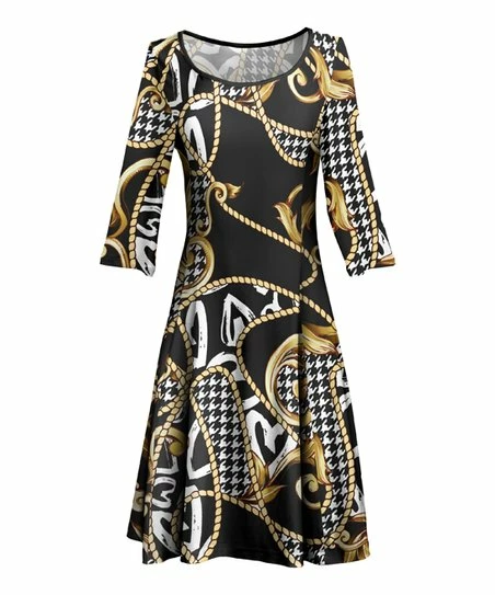Lily | Black & Goldtone Status Boatneck Three-Quarter Sleeve Dress - Women & Plus 1 Lily | Black & Goldtone Status Boatneck Three-Quarter Sleeve Dress - Women & Plus