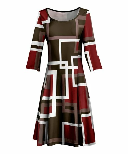Lily | Brown & Red Square Boatneck Three-Quarter Sleeve Dress - Women & Plus 1 Lily | Brown & Red Square Boatneck Three-Quarter Sleeve Dress - Women & Plus