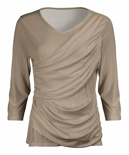 Lily | Beige Ruched Three-Quarter Sleeve Top - Women & Plus 1 Lily | Beige Ruched Three-Quarter Sleeve Top - Women & Plus