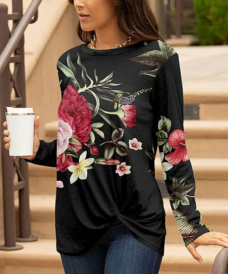 Lily | Black & Pink Floral Twist-Hem Boatneck Tunic - Plus 1 Lily | Black & Pink Floral Twist-Hem Boatneck Tunic - Plus
