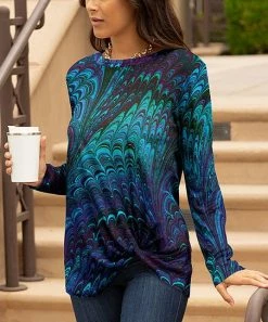 Lily | Purple & Green Abstract Swirl Twist-Hem Boatneck Tunic - Women