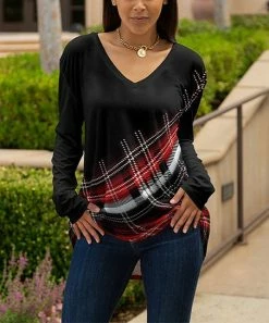 Lily | Black & Red Plaid Long-Sleeve V-Neck Tunic - Women & Plus