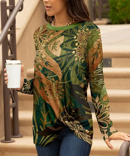 Lily | Green & Beige Floral Twist-Hem Tunic - Plus 1 Lily | Green & Beige Floral Twist-Hem Tunic - Plus