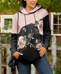 Lily | Black & Rose Floral Pocket Hoodie - Plus