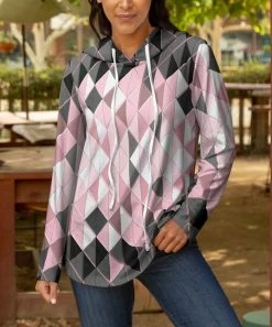 Lily | Gray & Pink Geometric Long-Sleeve Hoodie - Women & Plus